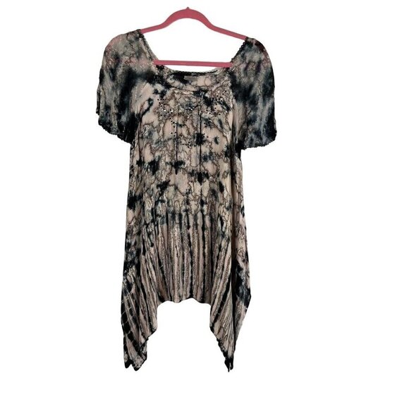 Tie Dye Floral Top M Brown Hi Lo Sequin Tassel Grunge Boho Biker Chic Funky 80s - Picture 1 of 13